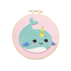 Animal Theme DIY Display Decoration Punch Embroidery Beginner Kit, Including Punch Pen, Needles & Yarn, Cotton Fabric, Threader, Plastic Embroidery Hoop, Instruction Sheet, Whale, 155x155mm(SENE-PW0003-073E)