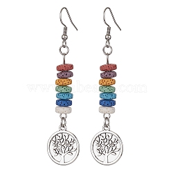 Dyed Colorful Natural Lava Rock Beaded Dangle Earrings, Tibetan Style Alloy Tree of Life Long Drop Earrings with 304 Stainless Steel Pins, Antique Silver, 75x17mm(EJEW-JE05431)