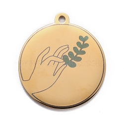 304 Stainless Steel Pendants, Flat Round with Hand & Grass, Golden, 28x25x1.4mm, Hole: 2mm(STAS-C032-06G)