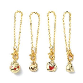 4Pcs Cat Shape Alloy Enamel Cup Pendant Decorations, with Brass Flat Oval Cable Chains and Alloy Lobster Claw Clasps, Golden, 125~128mm