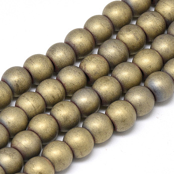 Electroplate Non-magnetic Synthetic Hematite Beads Strands, Matte Style, Round, Light Gold Plated, 6x5.5mm, Hole: 2mm, about 75pcs/strand, 15.7 inch