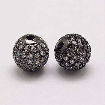Brass Micro Pave Cubic Zirconia Beads, Round, Gunmetal, 10x9.5mm, Hole: 2mm