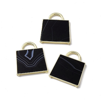 Natural Black Agate Pendants, Handbag Charms, with Rack Plating Golden Tone Brass Findings, Cadmium Free & Lead Free, 34x29.5x3mm, Hole: 6x11mm