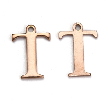 Ion Plating(IP) 304 Stainless Steel Alphabet Charms, Rose Gold, Letter.T, 12x8.5x1mm, Hole: 1mm