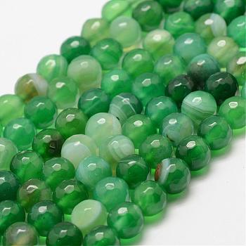 Faceted Natural Striped Agate/Banded Agate Beads Strands, Round, Dyed & Heated, Green, 4mm, Hole: 0.8mm, about 86pcs/strand, 14 inch(35.6cm)