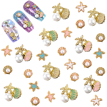 36Pcs 9 Styles Ocean Theme Alloy Enamel Cabochons, with Plastic Pearl, Nail Art Decoration Accessories for Women, Mixed Color, 5~10x5.5~10.5x3~5.5mm,  4pcs/style
