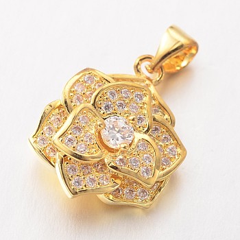 Flower Brass Micro Pave Cubic Zirconia Charms, Lead Free & Nickel Free, Golden, 18x15x7mm, Hole: 3x4mm