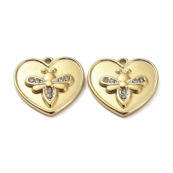 Ion Plating(IP) 304 Stainless Steel Charms, with Crystal Rhinestone, Heart with Bee Charm, Real 18K Gold Plated, 14x15x2.5mm, Hole: 1mm