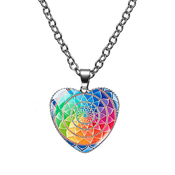 Glass Heart with Mandala Flower Pendant Necklace, Platinum Alloy Jewelry for Women, Colorful, 19.69 inch(50cm)