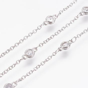 Handmade Brass Cubic Zirconia Chains, Soldered, Long-Lasting Plated, Real Platinum Plated, 8x4x2mm