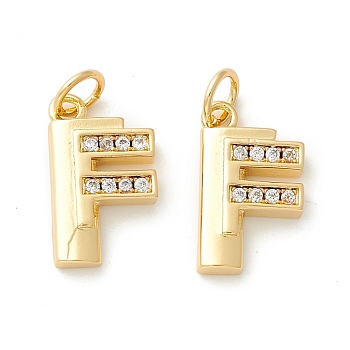 Rack Plating Eco-friendly Brass Micro Pave Clear Cubic Zirconia Charms, Long-Lasting Plated, Real 18K Gold Plated, Cadmium Free & Nickel Free & Lead Free, Letter.F, 15x8.5x3mm, Hole: 3.5mm