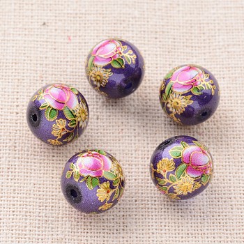 Flower Picture Printed Glass Round Beads, Blue Violet, 12mm, Hole: 1mm