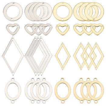 32Pcs 8 Styles 201 Stainless Steel Connector Charms, Geometric Links, Rhombus & Oval & Ring & Heart, Golden & Silver, 10~33.5x11~18x0.8~1mm, Hole: 1~1.4mm, 4pcs/style