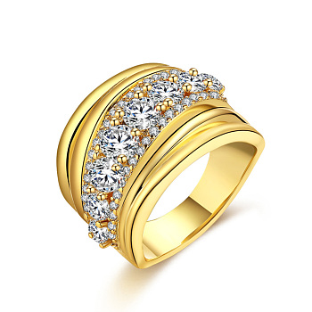 Brass Micro Pave Cubic Zirconia Finger Rings, Wide Band Rings, Clear, Golden, Size 7, Inner Diameter: 17.3mm