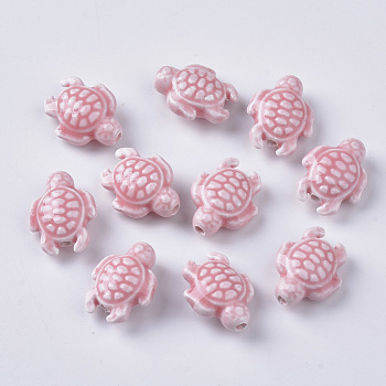Handmade Porcelain Beads, Bright Glazed Porcelain Style, Tortoise, Pearl Pink, 19x15x8.5mm, Hole: 2mm