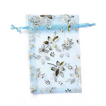 Organza Drawstring Jewelry Pouches, Wedding Party Gift Bags, Rectangle with Gold Stamping Flower Pattern, Light Sky Blue, 15x10x0.11cm