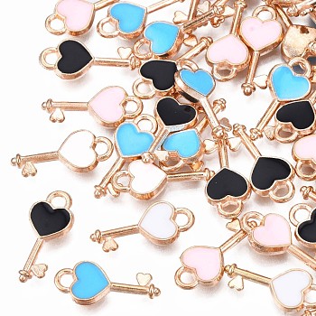 Alloy Pendants, with Enamel, Heart Key, Light Gold, Mixed Color, 16x7x2mm, Hole: 1.5mm