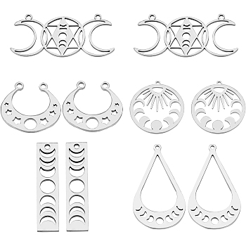 10Pcs 5 Style 201 Stainless Steel Laser Cut Pendants, Moon Phase & Flat Round with Star of David, Stainless Steel Color, 19~39x8~28x1mm, Hole: 1.5~1.8mm, 2pcs/style