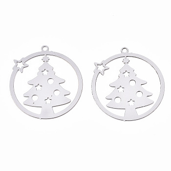 Christmas 201 Stainless Steel Filigree Pendants, Etched Metal Embellishments, Ring with Christmas Trees, Stainless Steel Color, 22x20x0.3mm, Hole: 1.2mm