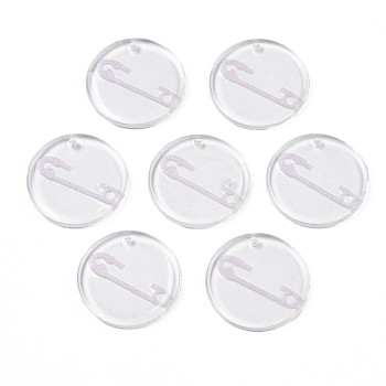 Transparent Resin Pendants, with Glitter Powder, Flat Round with Pin, Pink, 24.5x2.5~3mm, Hole: 1.4mm