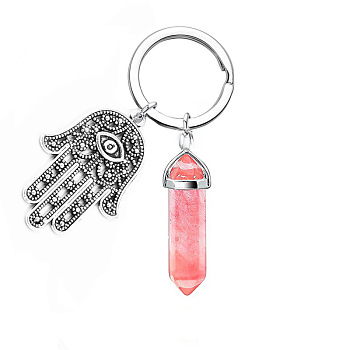 Cherry Quartz Glass Bullet Keychains, with Hamsa Hand/Hand of Miriam Alloy Pendant, for Bag Jewelry Gift Decoration, Gamstone: 4.1x1cm