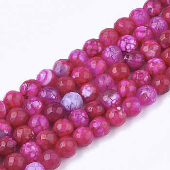 Natural Crackle Agate Beads Strands, Dyed, Faceted, Round, Fuchsia, 6mm, Hole: 1mm, about 63pcs/strand, 14.5 inch