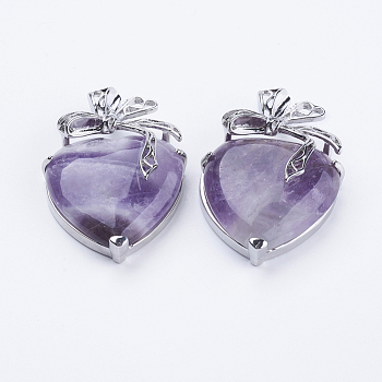Natural Amethyst Pendants, with Brass Findings, Heart, Platinum, 32x47.5x12mm, Hole: 4x5mm
