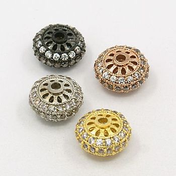 Brass Cubic Zirconia Beads, Rondelle, Hollow, Clear, Mixed Color, 10x6mm, Hole: 1.5mm
