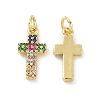Brass Micro Pave Cubic Zirconia Pendants, with Jump Ring, Real 18K Gold Plated, Cross Charms, Colorful, 16x8x2mm, Jump Ring: 5x0.8mm, Inner Diameter: 3.2mm