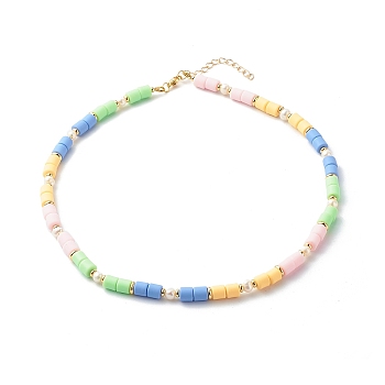 Polymer Clay Beaded Necklaces, with Brass Beads and Pearl Beads, Colorful, 17.72 inch(45cm)