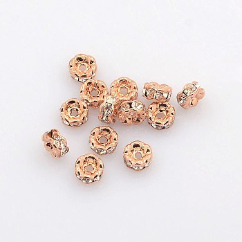 Brass Rhinestone Spacer Beads, Grade AAA, Wavy Edge, Nickel Free, Rose Gold Metal Color, Rondelle, Crystal, 4x2mm, Hole: 1mm