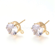 Brass Stud Earring Findings, with 316 Surgical Stainless Steel Pin, Cubic Zirconia and Loop, Long-Lasting Plated, Flat Round, Real 18K Gold Plated, Clear, 10x8x6mm, Hole: 1mm, Pin: 0.7mm(KK-L199-A01-G)
