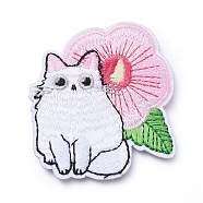 Computerized Embroidery Cloth Iron on/Sew on Patches, Costume Accessories, Appliques, Cat with Flower, Colorful, 58x52x2mm(X-DIY-E025-A08)