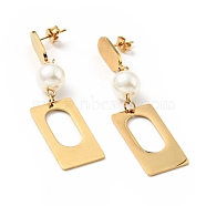 Rectangle with Acrylic Pearl Long Dangle Stud Earrings with 316 Stainless Steel Pins, Vacuum Plating 304 Stainless Steel Jewelry for Women, Golden, 60mm, Pin: 0.7mm(EJEW-F285-17G)