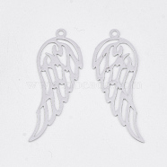 Brass Pendants, Etched Metal Embellishments, Long-Lasting Plated, Wing, Platinum, 31.5x11x0.3mm, Hole: 1.2mm(KKC-S001-022P)