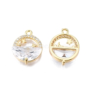 Brass Pave Clear Cubic Zirconia Pendants, Nickel Free, Flat Round with Star & Moon, Real 18K Gold Plated, 15.5x12x4mm, Hole: 1.2mm(KK-N231-328)