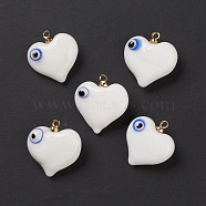 Handmade Evil Eye Lampwork Pendants, with Light Gold Tone Brass Findings, Long-Lasting Plated, Lead Free & Cadmium Free, Heart Charm, White, 19x17.5~18.5x8.5~9mm, Hole: 1.4mm(LAMP-M015-03E)