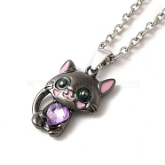 Alloy Rhinestone Cat Pendant Necklace, Alloy Jewelry for Women, Violet, 18.70~19.09 inch(47.5~48.5cm)(NJEW-A017-01P-02)
