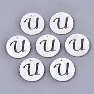 Natural Freshwater Shell Charms, Flat Round with Hollow Out Letter, Letter.U, 14.5x1.5mm, Hole: 0.9mm(SHEL-S276-119U)