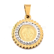 Ion Plating(IP) 304 Stainless Steel Pendant with Crystal Rhinestone, Religion Theme Flat Round with Jesus Charms, Golden, 21.5x18x3mm, Hole: 7x4mm(STAS-H182-05B-G)