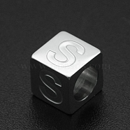 201 Stainless Steel European Beads, Large Hole Beads, Horizontal Hole, Cube, Stainless Steel Color, Letter.S, 7x7x7mm, Hole: 5mm(STAS-N090-LA062-S)