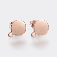 Ion Plating(IP) 304 Stainless Steel Stud Earring Findings, with Loop and Flat Plate, Flat Round, Rose Gold, 12.5x10x0.8~1mm, Hole: 1.5mm, Pin: 0.8mm(STAS-K184-02-02RG)