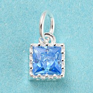 925 Sterling Silver Charms, with Cubic Zirconia, Faceted Square, Silver, Cornflower Blue, 7x5x3mm, Hole: 3mm(STER-G035-01A-03)