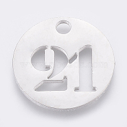 304 Stainless Steel Pendants, Cut-Out, Hollow, Flat Round with Number, Stainless Steel Color, Num.21, 19x1.5mm, Hole: 2.5mm(STAS-F233-21-P)