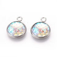 Resin Pendants, with 304 Stainless Steel Finding, Flat Round with Mermaid Fish Scale Shaped, Stainless Steel Color, Seashell Color, 18x14x3.5mm, Hole: 2mm(RESI-L024-09)