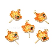 Autumn Theme Rack Plating Brass Micro Pave Cubic Zirconia Pendants, Cadmium Free & Lead Free & Nickle Free, with Enamel and Jump Ring, Real 18K Gold Plated, Maple Leaf, Dark Orange, 30x20x3.5mm, Jump Ring: 5x0.6mm, Inner Diameter: 3.5mm(KK-M230-19G)