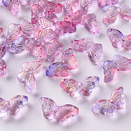Two Tone Transparent Spray Painted Glass Beads, with Glitter Powder, Butterfly, Flamingo, 8x15x4.5mm, Hole: 1mm(GLAA-S190-018E-01)