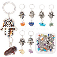 4 Sets 7 Styles Chakra Mixed Stone Chips Alloy Pendants, Religion Hamsa Hand Charm, Mixed Dyed and Undyed, Antique Silver, 26.5~27.5mm, Stone: 6~11x5~7mm, Hand: 11.5x10x3.8mm, Hole: 5.8mm, 1pc/style, 7pcs/set(FIND-CN0001-30)