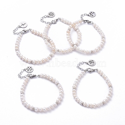 Natural Cultured Freshwater Pearl Beaded Bracelets, with Brass Beads, 304 Stainless Steel Flat Round Charms and Lobster Claw Clasps, Mixed Patterns, 7-1/2 inch(19cm)(BJEW-JB05257)