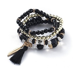 Multi-layered Stretch Bracelets Sets, Stackable Bracelets, with Acrylic Beads, Golden Plated Alloy Findings and Yarn Tassel Pendants, Black, Inner Diameter: 1-7/8~2-1/8 inch(4.9~5.4cm), 4pcs/set(BJEW-H533-02D)